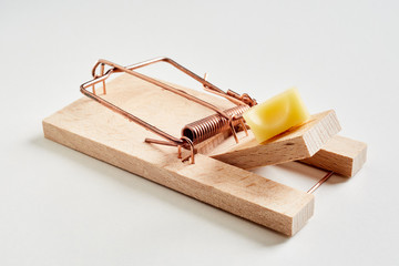 Wooden mousetrap with cheese in close-up