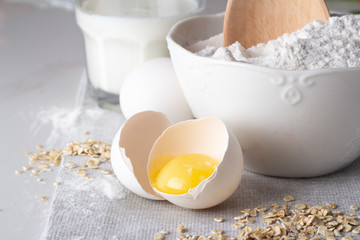 flour, eggs and oatmeal, milk closeup.