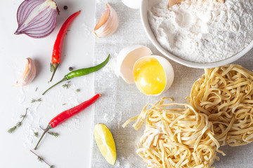 noodle ingredients in asian style close up on white background.