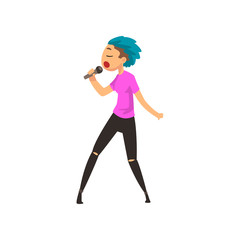 Singer girl singing with microphone, young man performing on stage vector Illustration