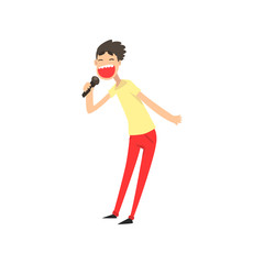Emotional male singer singing a song with microphone, guy performing on stage vector Illustration