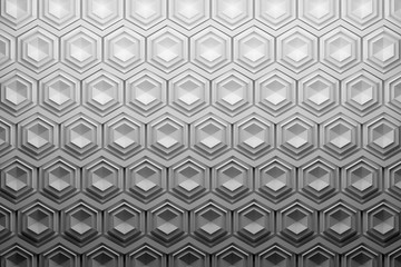 White hexagon pattern. Abstract mosaic background with many hexagonal repeating shapes. 3d illustration.