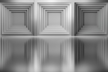 Abstract background with square shapes reflected on the floor. Indoor interior detail. 3d illustration.