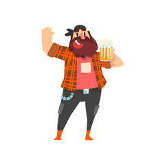 Brutal drunk man with mug of beer in his hand, male character drinking alcohol vector Illustration