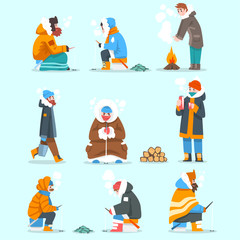 Warmly dressed men fishing in a frozen river or lake set, extremal ice winter fishing, outdoor activity vector Illustration