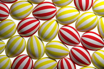 Fototapeta na wymiar Many easter eggs with wide yellow and red stripes. 3d illustration.