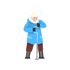 Man in winter clothes with ice drill, outdoor leisure, extremal ice winter fishing vector Illustration