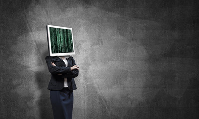 Business woman with monitor instead of head.