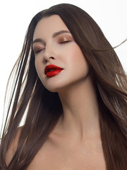 Close-up portrait of sexy european young woman model with classic glamour make-up and nude...