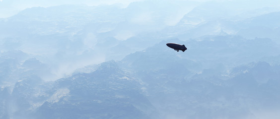 Aerial of zeppelin over misty rocky mountains. © ysbrandcosijn