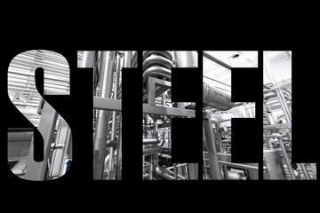 Word STEEL - concept with production in background, letters over the photo