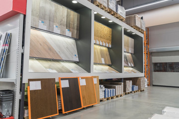BELARUS, MINSK - NOVEMBER 28 2018 supermarket shelves background a large hardware store, flooring