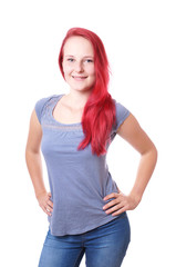 happy young woman wearing casual jeans outfit
