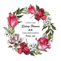 Floral greeting card with roses and jasmine. Wreath of flowers. Illustration