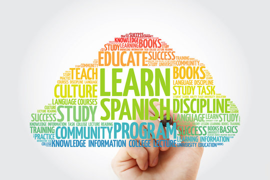 Learn Spanish word cloud with marker, education business concept