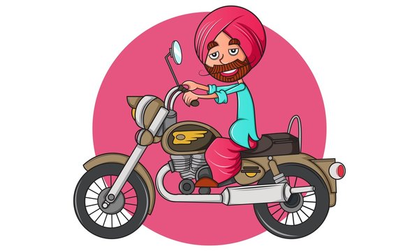 Vector Cartoon Illustration Of Punjabi Man On Bullet Bike. Isolated On White Background.