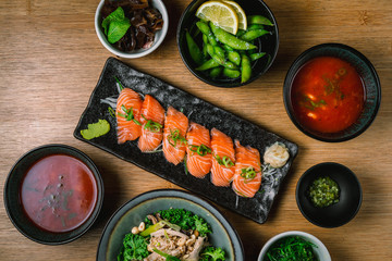 Salmon sashimi with sushi