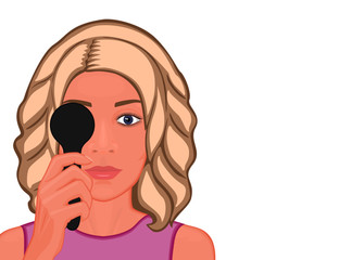 Vector illustration. Girl getting eye exam. Close-up view. For advertising and medical publications
