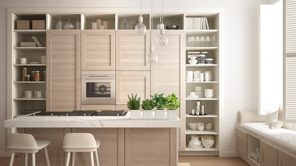 Modern white kitchen with wooden details in contemporary luxury apartment with parquet floor, vintage retro interior design, architecture open space living room concept idea