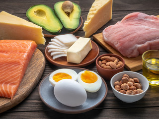 Ketogenic diet eating concept. Selection of good fat sources on wooden background7