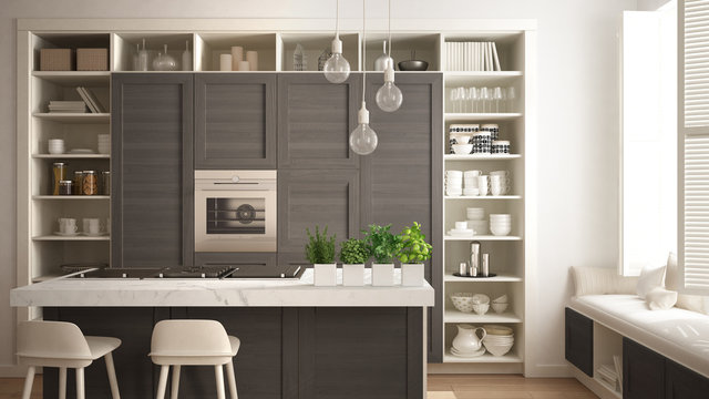 Modern white kitchen with dark wooden details in contemporary luxury apartment with parquet floor, vintage retro interior design, architecture open space living room concept idea