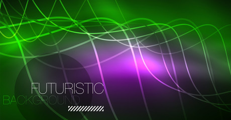 Abstract shiny glowinng color wave design element on dark background - science or technology concept