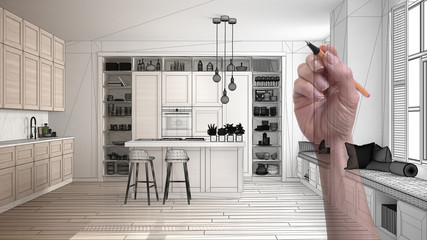 Hand drawing custom modern white kitchen with wooden details in contemporary luxury apartment. Tailored unfinished project architecture interior design