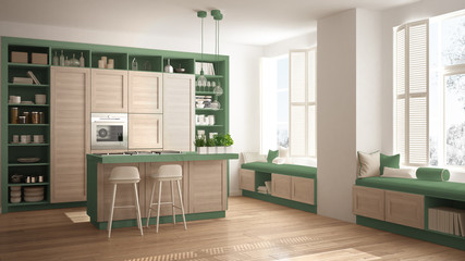 Modern green kitchen with wooden details in contemporary luxury apartment with parquet floor, vintage retro interior design, architecture open space living room concept idea