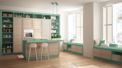 Modern turquoise kitchen with wooden details in contemporary luxury apartment with parquet floor, vintage retro interior design, architecture open space living room concept idea