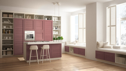 Modern white kitchen with red wooden details in contemporary luxury apartment with parquet floor, vintage retro interior design, architecture open space living room concept idea