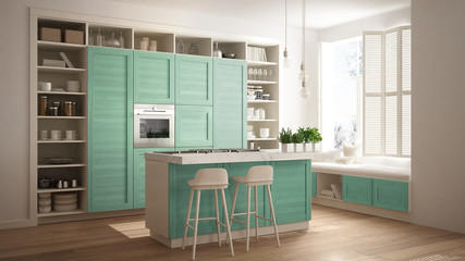 Modern white kitchen with turquoise wooden details in contemporary luxury apartment with parquet floor, vintage retro interior design, architecture open space living room concept idea