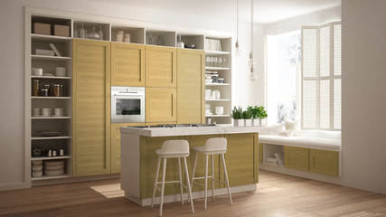 Modern white kitchen with yellow wooden details in contemporary luxury apartment with parquet floor, vintage retro interior design, architecture open space living room concept idea
