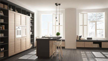 Modern white and gray kitchen with wooden details in contemporary luxury apartment with parquet floor, vintage retro interior design, architecture open space living room concept idea