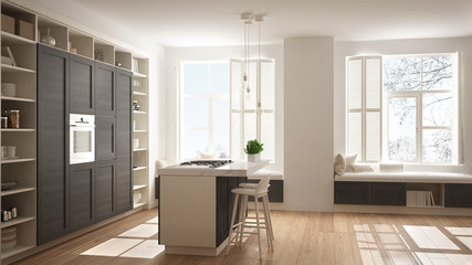 Modern white kitchen with dark wooden details in contemporary luxury apartment with parquet floor, vintage retro interior design, architecture open space living room concept idea