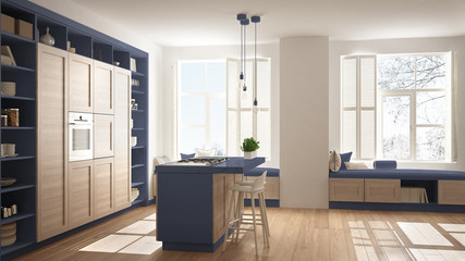 Modern blue kitchen with wooden details in contemporary luxury apartment with parquet floor, vintage retro interior design, architecture open space living room concept idea