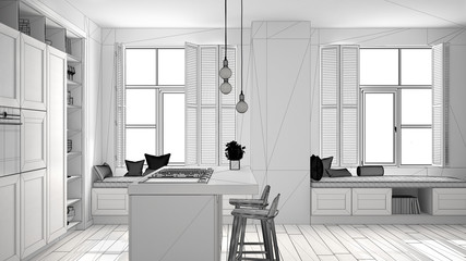 Unfinished project draft of modern kitchen in contemporary luxury apartment, vintage retro interior design, architecture open space living room concept idea