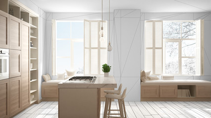 Modern white kitchen with wooden details in contemporary luxury apartment, interior design concept idea, black ink sketch in the background, minimalist furniture