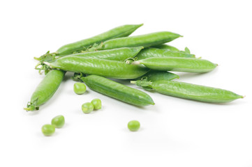green peas in pods on a white background