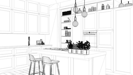 Interior design project, black and white ink sketch, architecture blueprint showing modern kitchen in contemporary luxury apartment with parquet floor, contemporary architecture