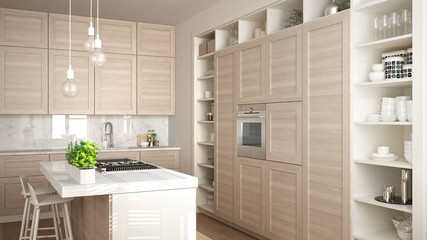 Modern white kitchen with wooden details
