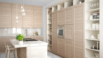 Fototapeta na wymiar Modern white kitchen with wooden details in contemporary luxury apartment, interior design concept idea, black ink sketch in the background, minimalist furniture
