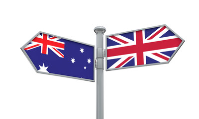 Australia and United Kingdom guidepost. Moving in different directions. 3D Rendering