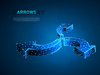 Crossroad direction three ways arrows wireframe digital illustration. Low poly crossway choice concept with lines, dots and starry sky background. Vector polygonal road guide neon sign RGB
