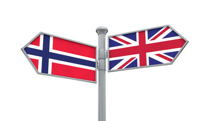 Norway and United Kingdom guidepost. Moving in different directions. 3D Rendering