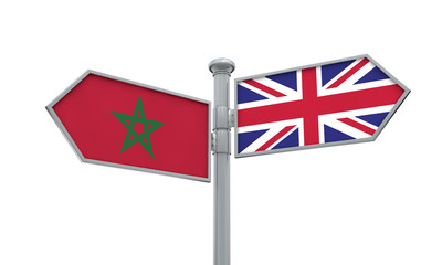 Morocco and United Kingdom guidepost. Moving in different directions. 3D Rendering