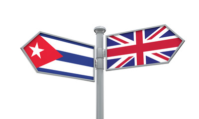 Cuba and United Kingdom guidepost. Moving in different directions. 3D Rendering