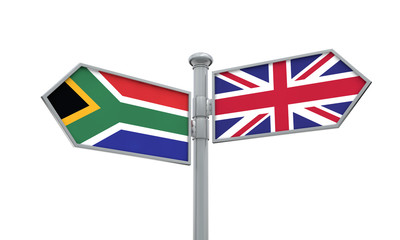 South Africa and United Kingdom guidepost. Moving in different directions. 3D Rendering