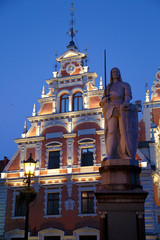 Fototapeta na wymiar Schwab House, House of the Blackheads and monument of Saint Roland, at Town Hall Square, Riga, Latvia