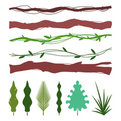 Jungle decoration elements with tropic leaves, lianas, branch and grass. Vector flat cartoon set isolated on white background.