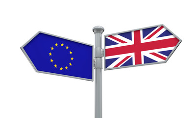 EU and United Kingdom guidepost. Brexit. Moving in different directions. 3D Rendering